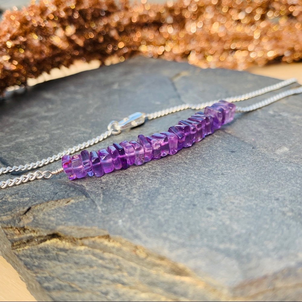 Amethyst Gemstone Crystal Silver Bar Necklace